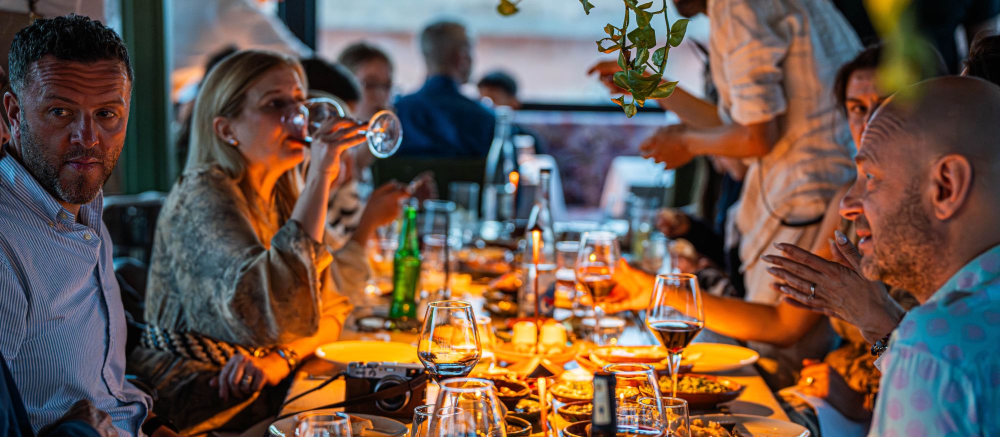 Lange Tafel am Abend, Mitglieder des Hostel Round Table im Gespräch